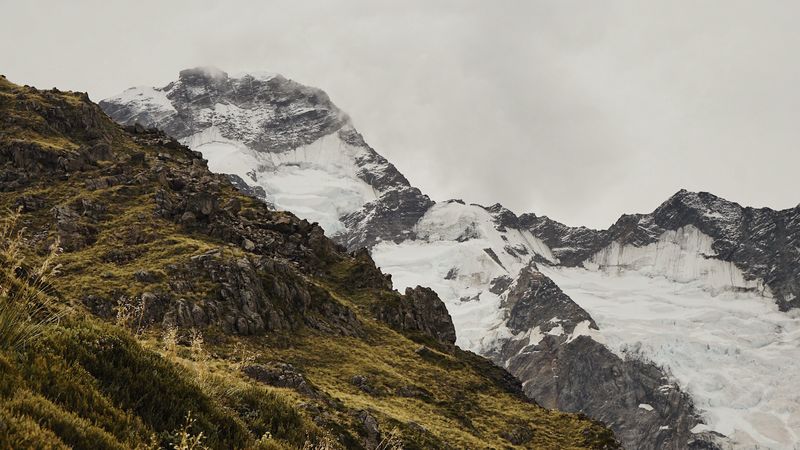mountain, grass, snow, hill, 4k