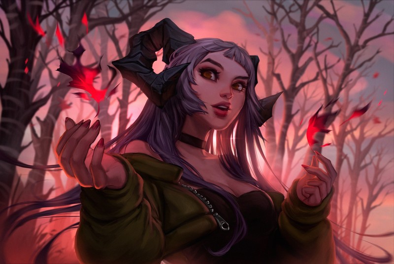 fall, digital art, demon horns