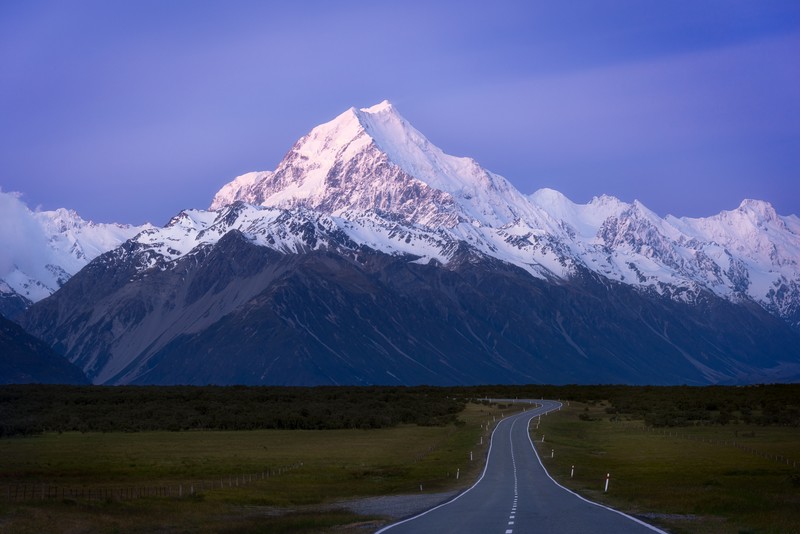 snow, mountains, landscape, road, long road