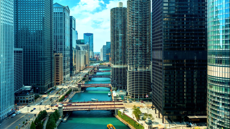 city, canal, car, skyscraper, cityscape, sky blue, Chicago