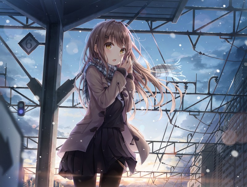 anime, anime girls, school uniform, schoolgirl, pantyhose, train station, low-angle