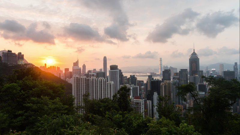 Hong Kong, sunset, city, trees, clouds, cityscape, water, China