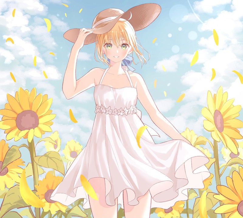 Fate Series, FGO, Fate/Stay Night, anime girls, 2D, small boobs, long hair, clear sky, thighs, white dress, no bra, smiling, blond hair, Arturia Pendragon, Saber, green eyes, blushing, looking at viewer, Blue ribbons, fan art, sunflowers, anime