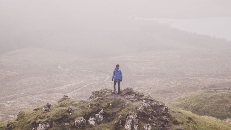 man, lonely, loneliness, fog, grass, 4k