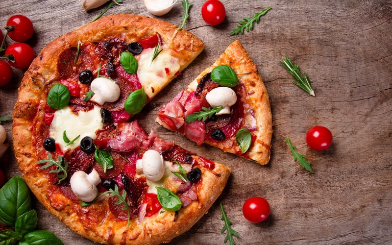food, pizza, tomatoes, leaves, top view, basil, rosemary, mushroom, olives, wooden surface