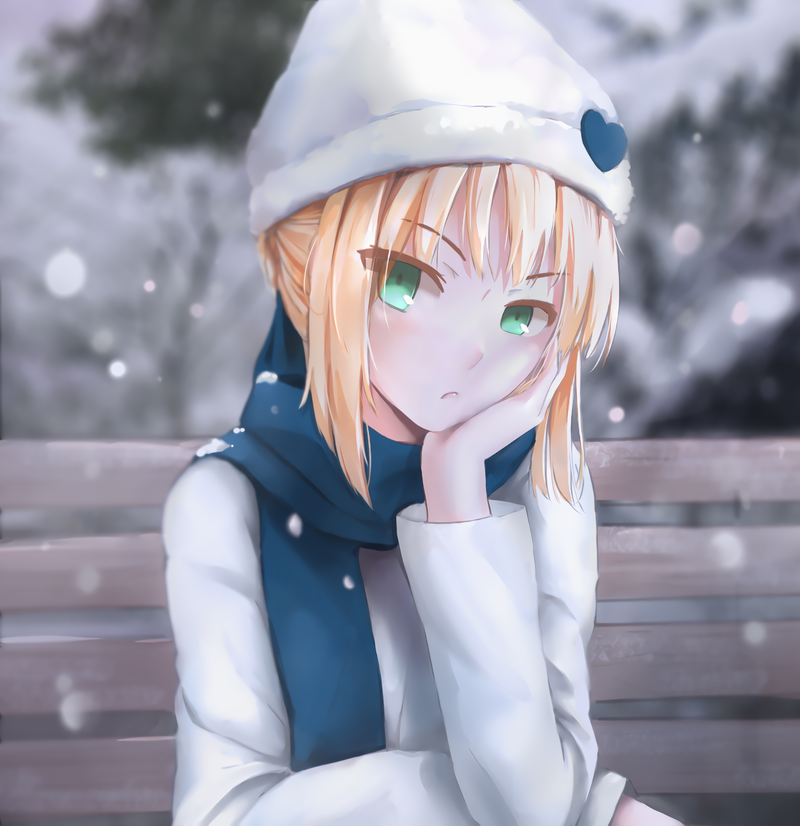 Fate Series, FGO, Fate/Stay Night, anime girls, 2D, long hair, snowing, blond hair, Arturia Pendragon, Saber, green eyes, blushing, hand on face, looking at viewer, Blue ribbons, fan art, white cap, winter, anime