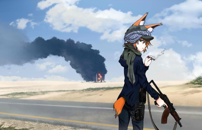 foxgirl, Fox ears, scarf, smoking, tail, weapon, green eyes, looking at viewer, AKS-74U, girls with guns, cigarettes, sad eyes