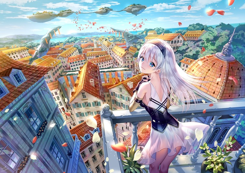 aqua eyes, building, long hair, city, clouds, dress, flowers, headband, sky, white hair, anime