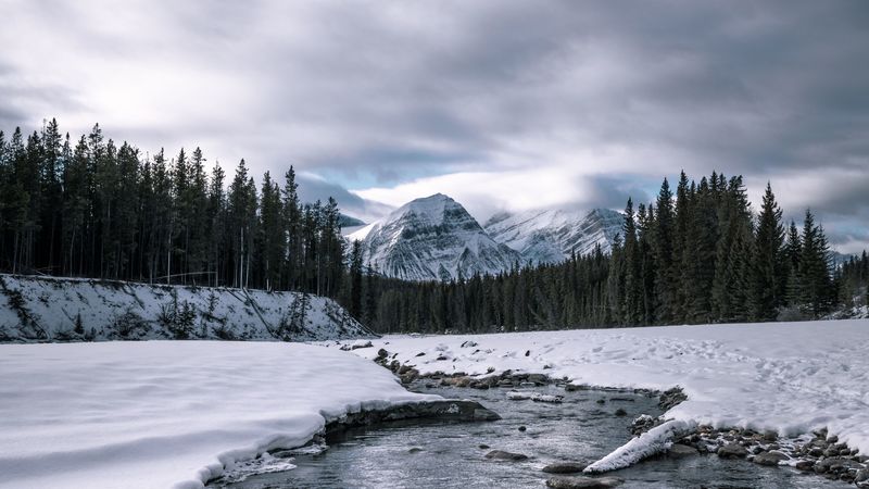 river, mountains, forest, snow, 4k