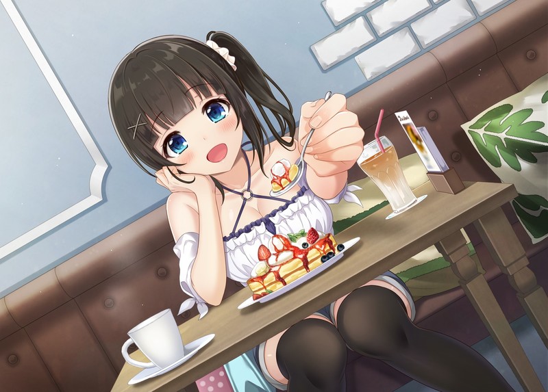 blue eyes, food, black hair, blush, open mouth, pantyhose, shorts, ponytail, cleavage, drink, strawberries, zettai ryouiki, thigh-highs, fruit, anime