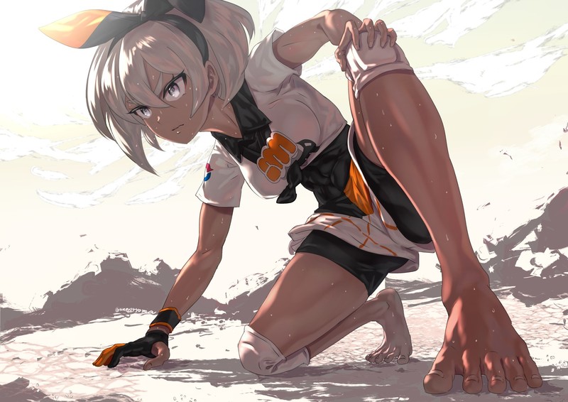 Pokémon, barefoot, dark skin, gloves, gray eyes, short hair, shorts, anime