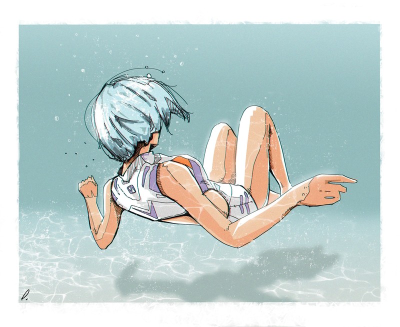 Neon Genesis Evangelion, anime girls, 2D, underwater, thighs, small boobs, short hair, blue hair, Ayanami Rei, plugsuit, Sergey Orlov, fan art, white swimsuit, floating