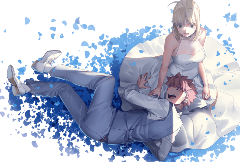 Fate Series, FGO, Fate/Stay Night, anime girls, 2D, anime boys, cleavage, small boobs, short hair, long hair, blond hair, redhead, wedding dress, Arturia Pendragon, Saber, Shirou Emiya, braided hair, closed eyes, open mouth, green eyes, high angle, no bra, couple, fan art, laughing, bare shoulders, ahoge