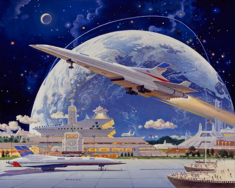 painting, space shuttle, commercial, Earth, stars, Spaceport