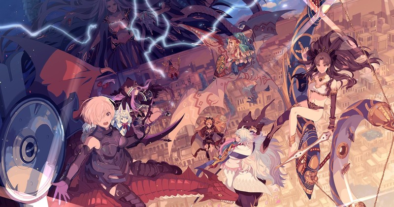 Fate Series, FGO, Fate/Grand Order, anime girls, 2D, anime boys, big boobs, thighs, small boobs, armor, female warrior, shield, short hair, long hair, black hair, blond hair, purple hair, grey hair, violet hair, Mash Kyrielight, Shielder (Fate/Grand Order), Ishtar (Fate Grand Order), Ereshkigal (Fate/Grand Order), Quetzalcoatl (FGO), Gilgamesh, Merlin (FGO), Medusa (Lancer), Gorgon (FGO), Enkidu (FGO), Fou (Fate/Grand Order, fighting, open mouth, green eyes, red eyes, purple eyes, high angle, tw