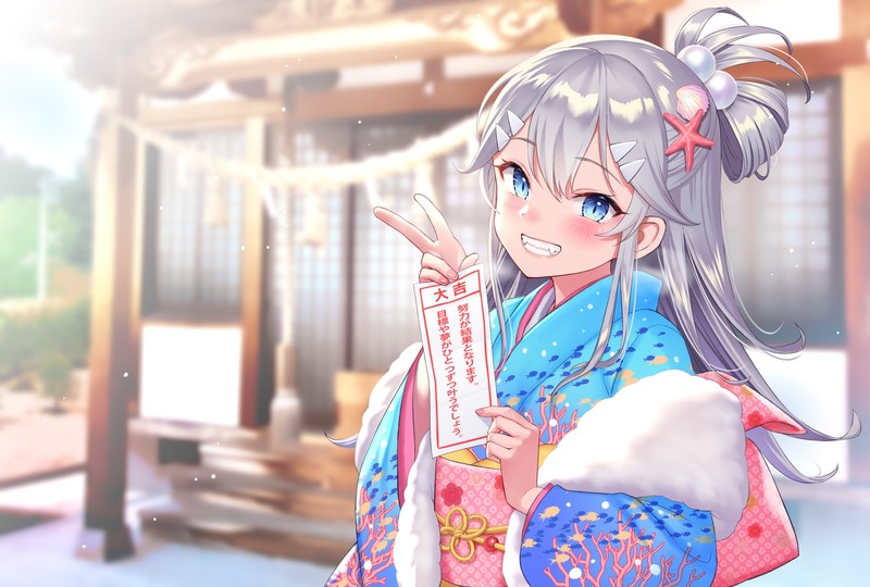 Japanese clothes, gray hair, blush, aqua eyes, kimono, fukanomi kafka, blue eyes