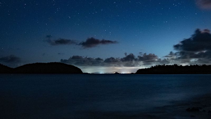 starry sky, night, horizon, island, stars, shine, 4k
