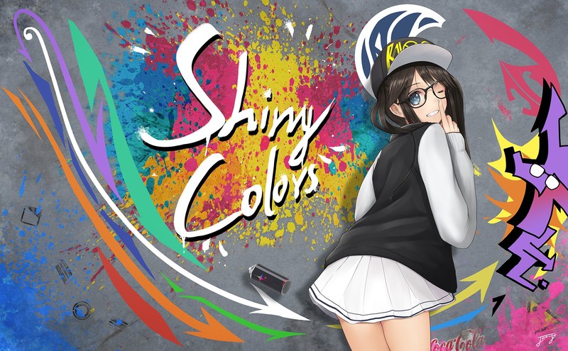 THE, brunette, graffiti, glasses, aqua eyes, long hair, skirt, wink