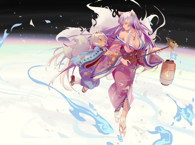 animal ears, kimono, Japanese clothes, long hair, tail, anime