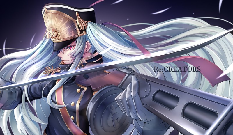 Gunpuku No Himegimi, gloves, hat, long hair, military, red eyes, ribbons, uniform, white hair, anime