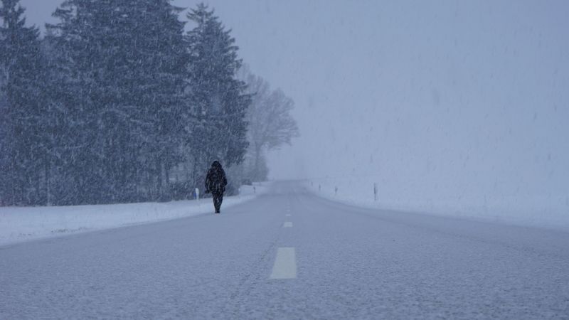 silhouette, winter, fog, snowstorm, snowfall, road, 4k