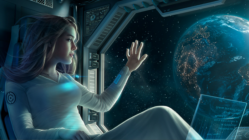 science fiction, artwork, digital art, space, Earth, planet, spaceship, women