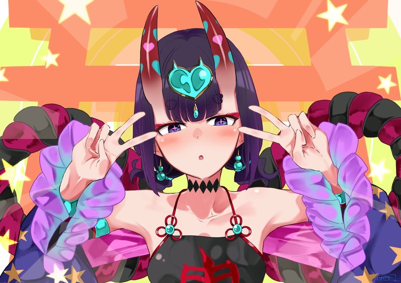 Shuten Douji (Fate/Grand Order), horns, demon girl, blush, short hair, purple hair, purple eyes, Japanese clothes, frontal view, Fate Series