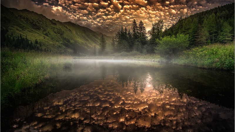 nature, landscape, mountains, reflection, mist, water, lake, grass, forest, trees, Friedrich Beren, 500px