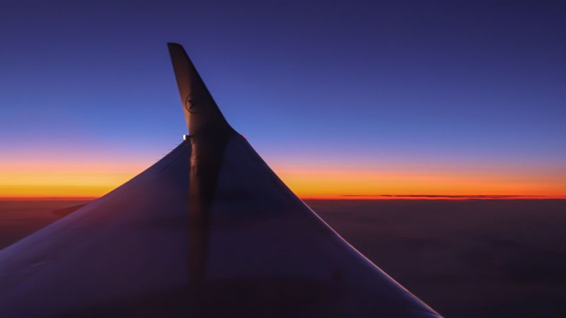 airplane wing, sky, flight, horizon, sunset, 4k