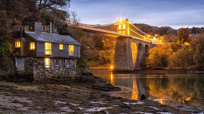 architecture, bridge, house, trees, stones, river, cabin, lights, reflection, banks, England, UK