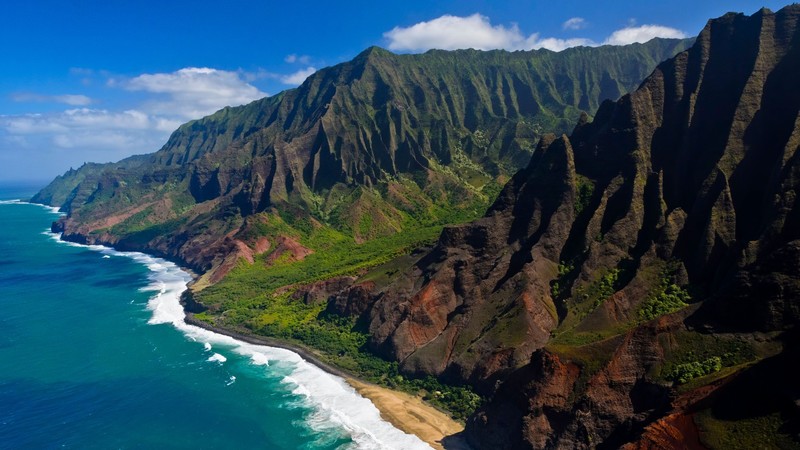 nature, landscape, mountains, water, coast, sand, plants, trees, forest, clouds, sky, aerial view, aerial, Kauai, Hawaii, USA, Napali