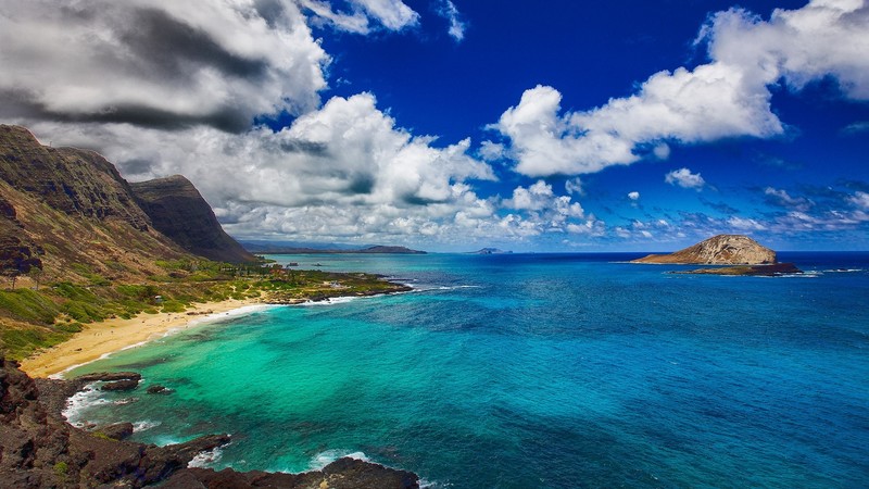 nature, landscape, clouds, sky, mountains, water ripples, waves, rocks, coast, island, oahu, Hawaii, USA
