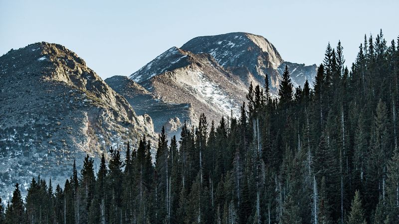 mountain, peak, trees, forest, sky, 4k