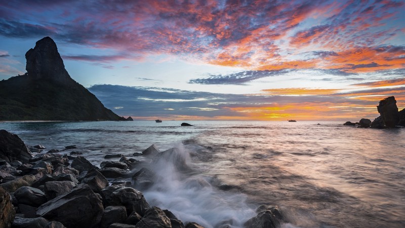 rocks, waves, mountains, sunset, clouds, sky, water, sea, horizon, nature, landscape, Brazil, long exposure