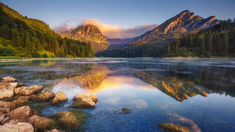 nature, landscape, trees, forest, lake, reflection, mountains, clouds, rocks, plants, water, sky, Alps, Switzerland