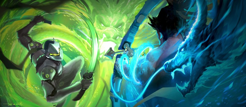 video games, Overwatch, digital art, video game art, fan art, Genji (Overwatch), Hanzo (Overwatch), dragon, katana, bow, arrows, battle, video game man