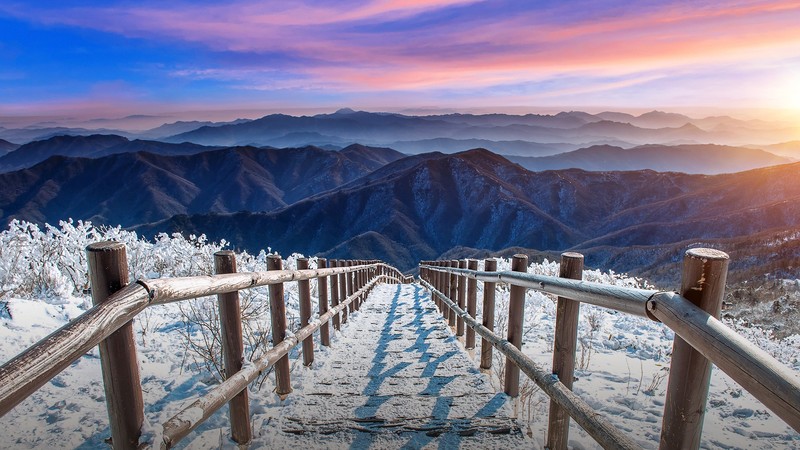 landscape, nature, mountains, snow, fence, clouds, sky, dawn, path, stairs, plants, mist, Deogyusan, South Korea