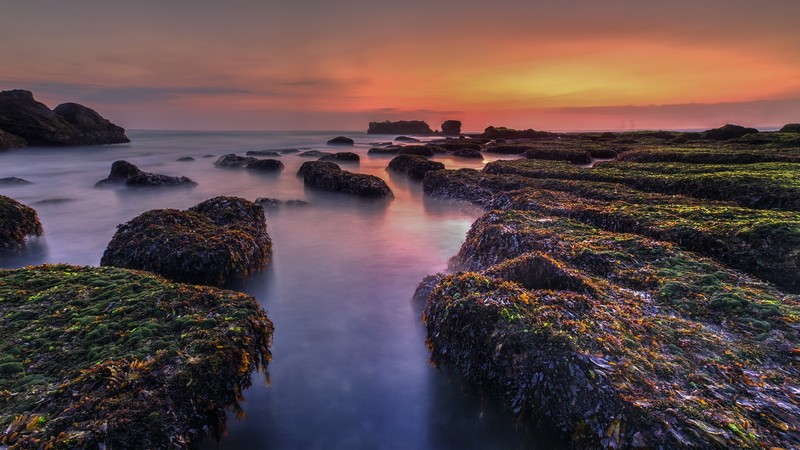 landscape, nature, rocks, horizon, sunset, clouds, sky, sea, water, rock formation, long exposure, moss, Bali, Indonesia