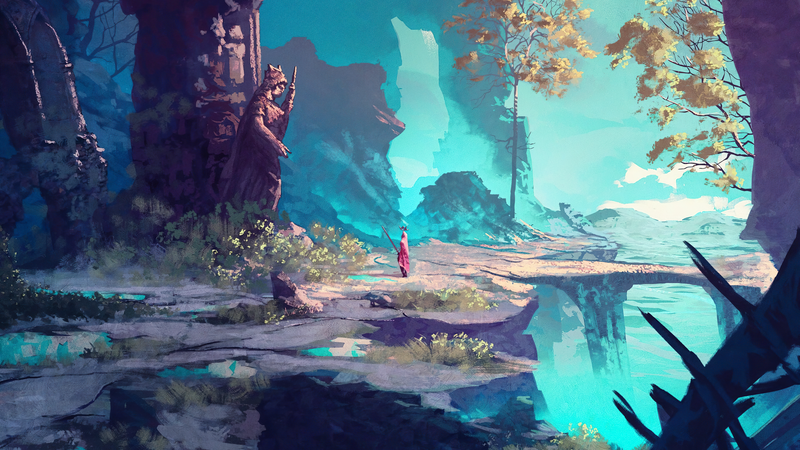 digital art, artwork, painting, statue, trees, path, Anato Finnstark, cyan