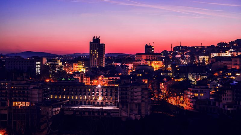 night city, city lights, sunset, buildings, sky, architecture, 4k