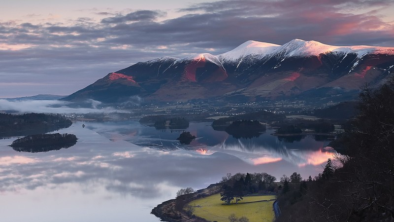 nature, landscape, mountains, reflection, trees, village, clouds, sky, sunrise, snowy peak, mist, England, UK, far view