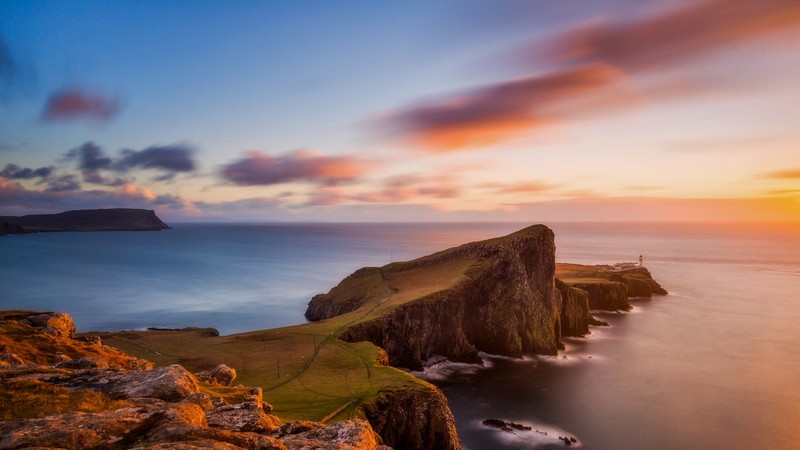 nature, landscape, clouds, sky, sea, water, long exposure, horizon, sunset, rocks, grass, Skye, Scotland, UK, far view