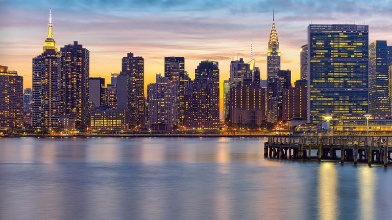 nature, landscape, far view, city, water, pier, clouds, sky, sunset, lights, skyscraper, long exposure, Manhattan, New York City, USA
