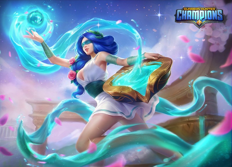 Lasso, drawing, women, blue hair, long hair, dress, white clothing, cleavage, magician, water, spell, hair accessories, leaves, flowers, flower in hair, petals, floating