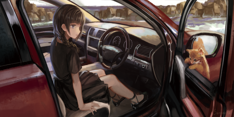 anime, anime girls, dress, car, cats, black hair, artwork, digital art, inside a car