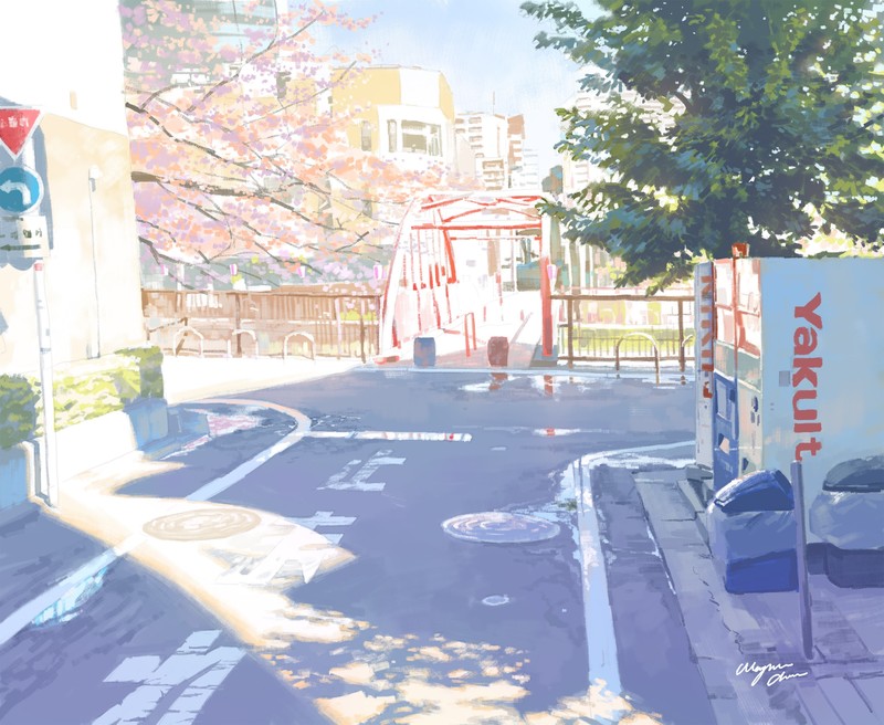 anime, street, trees, artwork, digital art