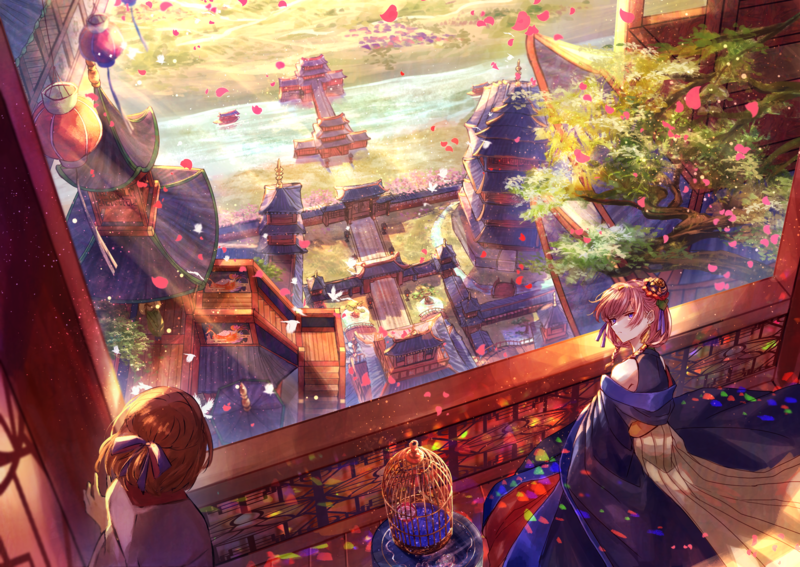 anime, anime girls, lake, Japanese clothes, artwork, digital art
