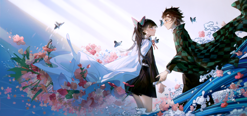 anime, Kimetsu no Yaiba, Kamado Tanjirō, Kanao Tsuyuri, anime girls, anime boys, artwork, digital art