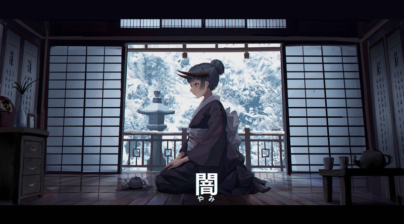 anime, anime girls, women, fantasy girl, digital art, artwork, illustration, concept art, Asian architecture, snow, Japanese characters, Japanese Art, room, oriental, winter, kimono, Japanese kimono, environment