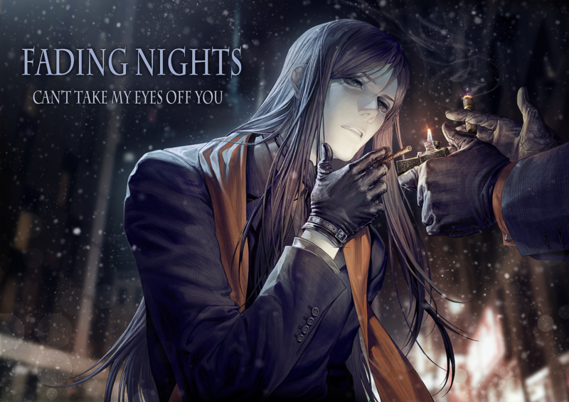 Fate Series, FGO, Lord El-Melloi II Sei no Jikenbo: Rail Zeppelin Grace Note, anime boys, 2D, night, smoking, snowing, long hair, black hair, Waver Velvet, white skin, black suit, winter, black gloves, black eyes, fan art, cigars